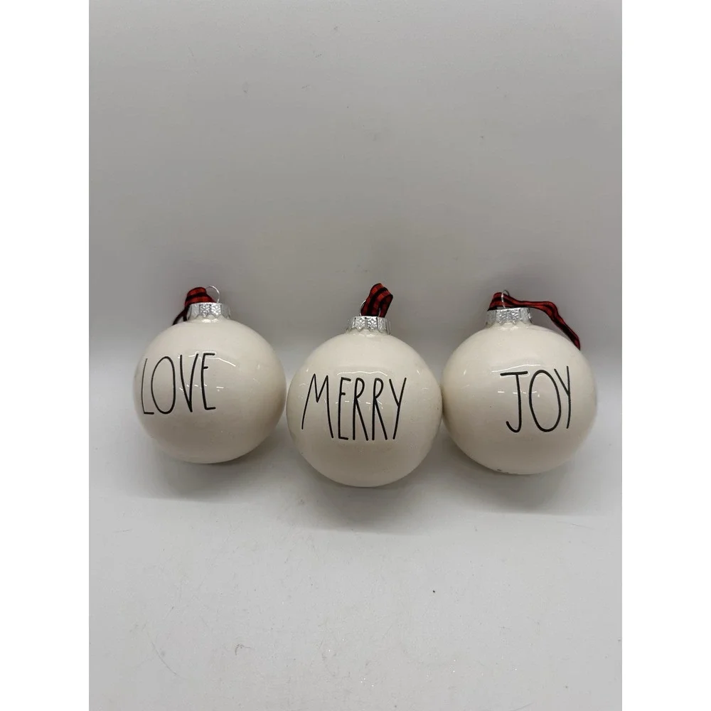 Rae Dunn Love Merry Joy Ceramic Christmas Ornaments Set‎ of 3 Artisan Magenta